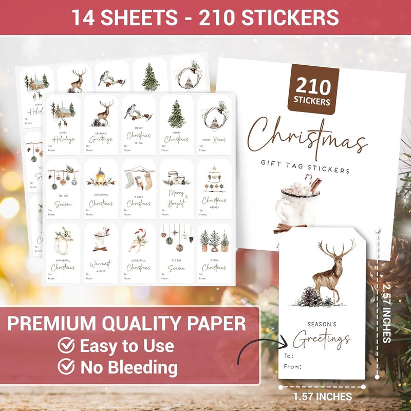 AUDREE 210 Pcs Christmas Gift Tags Sticker - Self Adhesive Woodland Watercolor Holiday Gift Tags - Christmas Name Tags Label Stickers for Xmas Presents, Cards, Boxes, Wrapping & DIY Crafts - Image 2